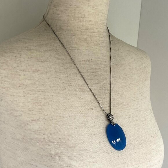 Sterling Silver 925 Oval Blue Chalcedony Quartz Scrollwork Pendant Necklace 20" - Picture 6 of 16